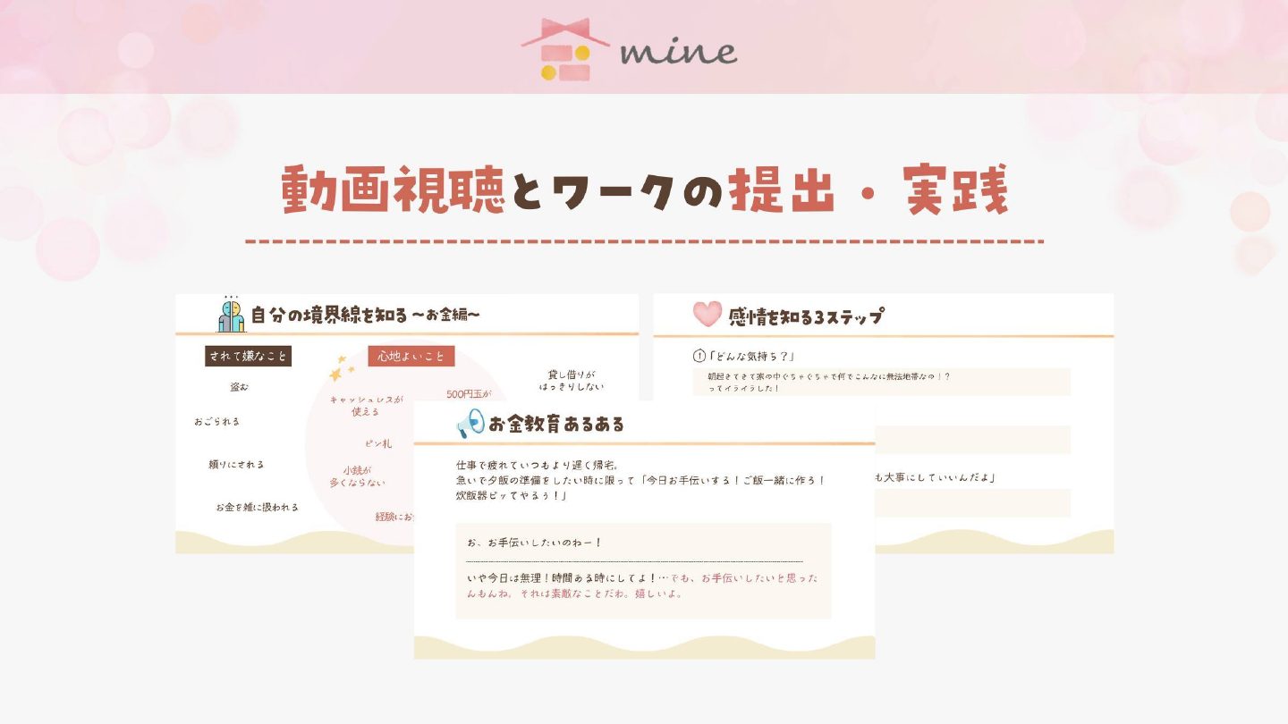 動画視聴とワークの提出・実践